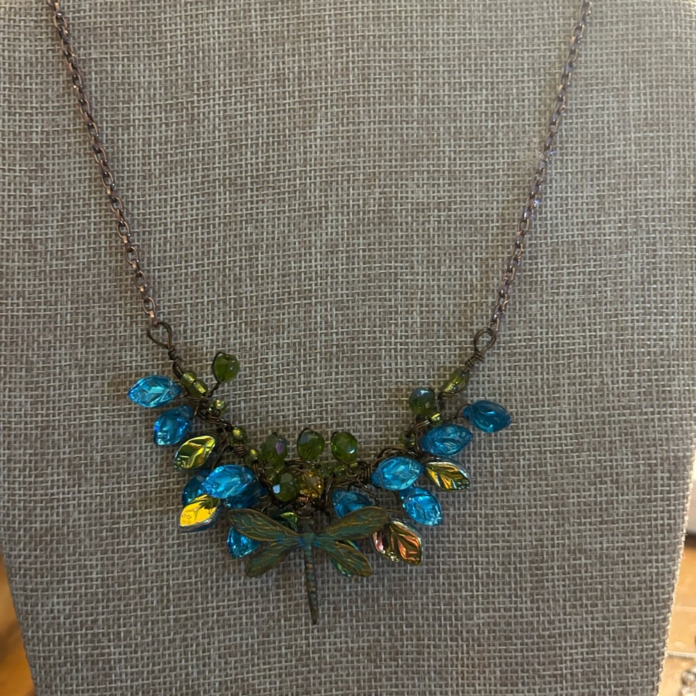 Elegant Blue and Green Dragonfly Necklace